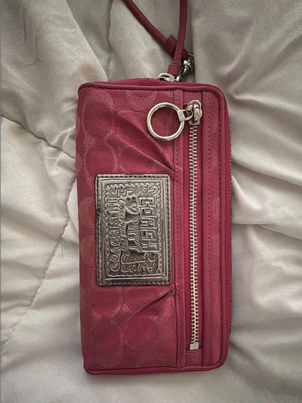 Coach Rose Pink Signature Wristlet Wallet with Silver Plaque